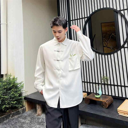 メンズ シャツ チャイナ風 秋 長袖 刺繍入り レトロ 豪華感 おしゃれ ゆったり 上品 ボタン付き 襟 ポケット 白 プリント シンプル メンズ シャツ チャイナ風 秋 長袖 刺繍入り レトロ 豪華感 おしゃれ ゆったり 上品 ボタン付き 襟 ポケット 白 プリント シンプル