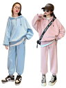 スウェット セットアップ キッズ 春秋 女の子 韓国 フード付き 無地 大きめ ゆったり 上下 プルオーバー かわいい ハーフジップ ピンク 青
