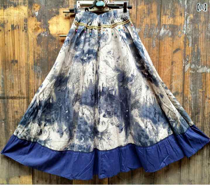 スカート 春夏 エスニック レディース レトロ プリント コットン リネン 上下セット Aライン カジュアル 旅行 リゾート チェック 花柄 羽 赤