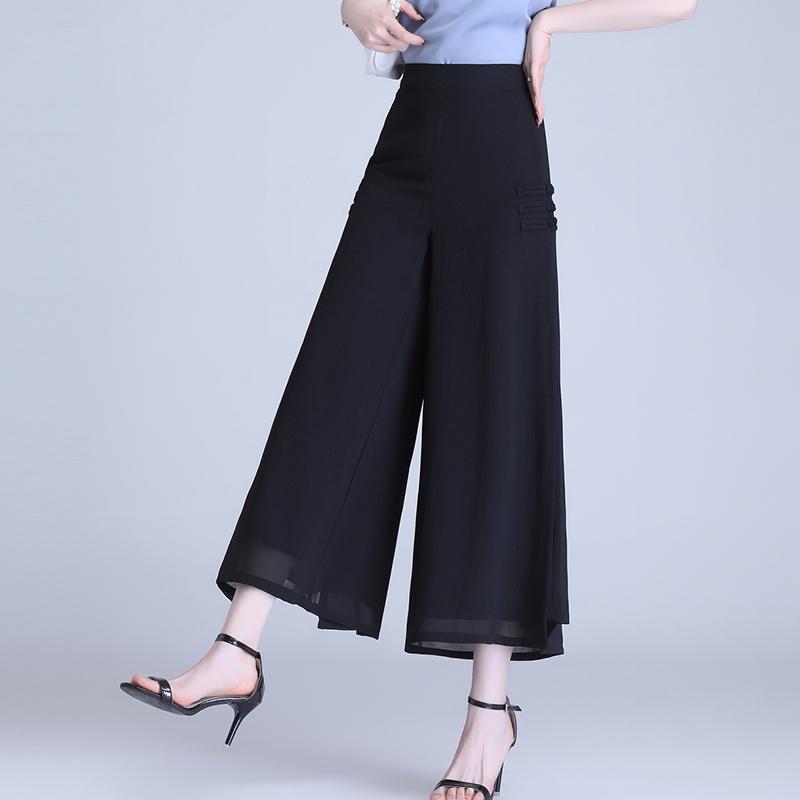 Other - ガウチョパンツ レディース クロップド 春夏 薄手 通気性 ハイウエスト シフォン ワイドレッグ ドレープ ゆったり きれいめ チャイナ風 オフィスカジュアル シンプル 大きいサイズ 黒 アプリコット