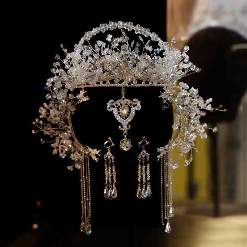 ヘアアクセサリー 結婚式 韓国 花嫁 ブライダル ヘッドドレス クラウン ティアラ 髪飾り イヤリング キ..