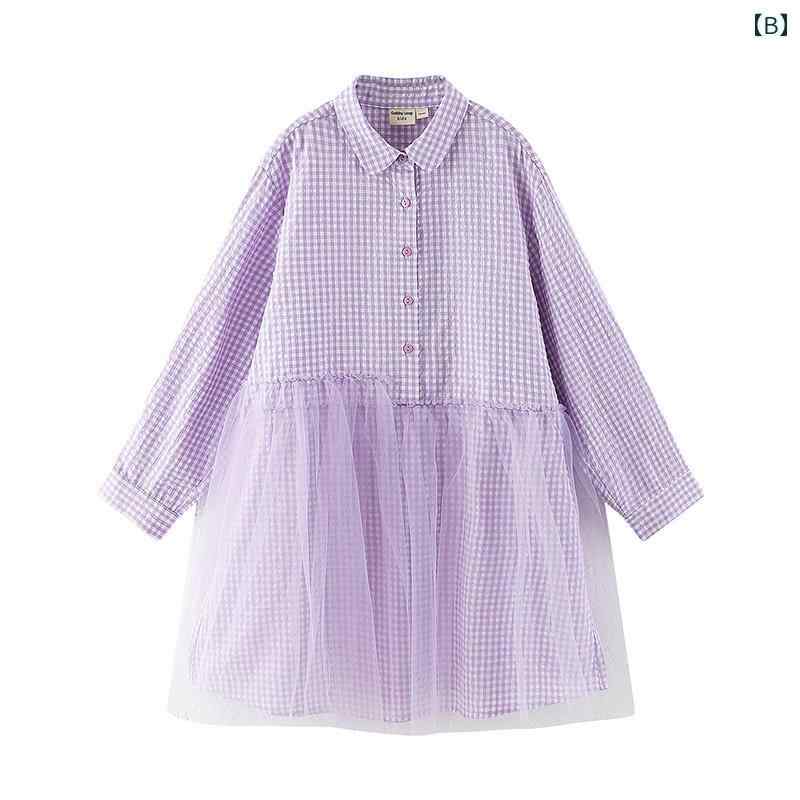 子供服 女の子 春物 キッズ ワンピース シャツ チュール スカート 襟付き ボタン プリント入り おしゃれ かわいい 緑 紫 チェック柄