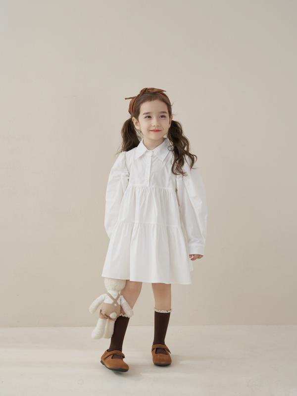 子供服 女の子 春物 キッズ ワンピース スカート シャツ パフスリーブ ハイウエスト 襟付き 長袖 プリンセス かわいい シンプル おしゃれ 白