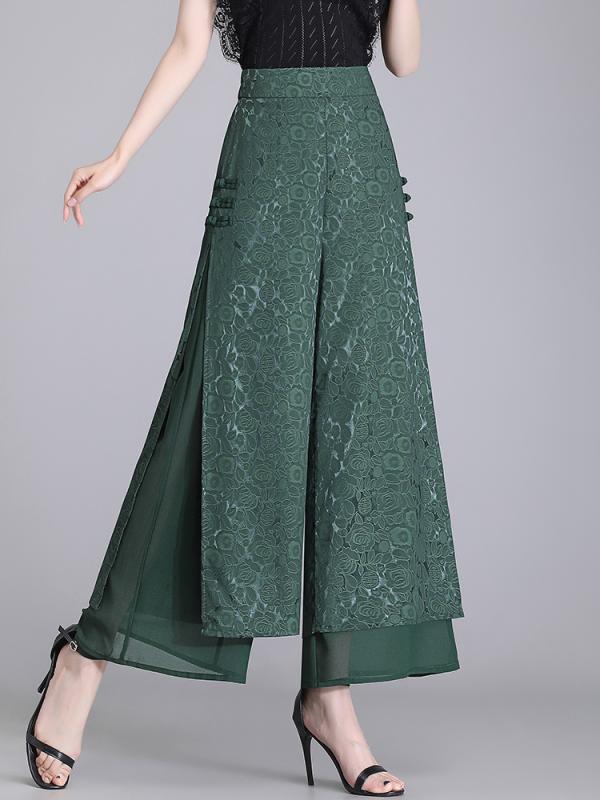 Nylon, Rayon, Polyester - ガウチョパンツ レディース ワイドレッグ 春夏 薄手 涼しい ハイウエスト ゆったり ドレープ チャイナ風 ジャガード クロップド スリット 花柄 おしゃれ 大きいサイズ 黒 緑