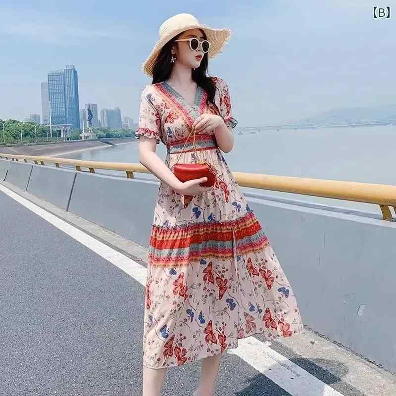 ワンピース 夏 レトロ 花柄 シフォン 大きいサイズ 半袖 ミモレ丈 レディース Aライン フレア 体型カバー 着痩せ ゆったり おしゃれ フェミニン エスニック ボヘミアン ボタニカル プリント リゾート ビーチ 旅行 デート お出かけ 青 赤