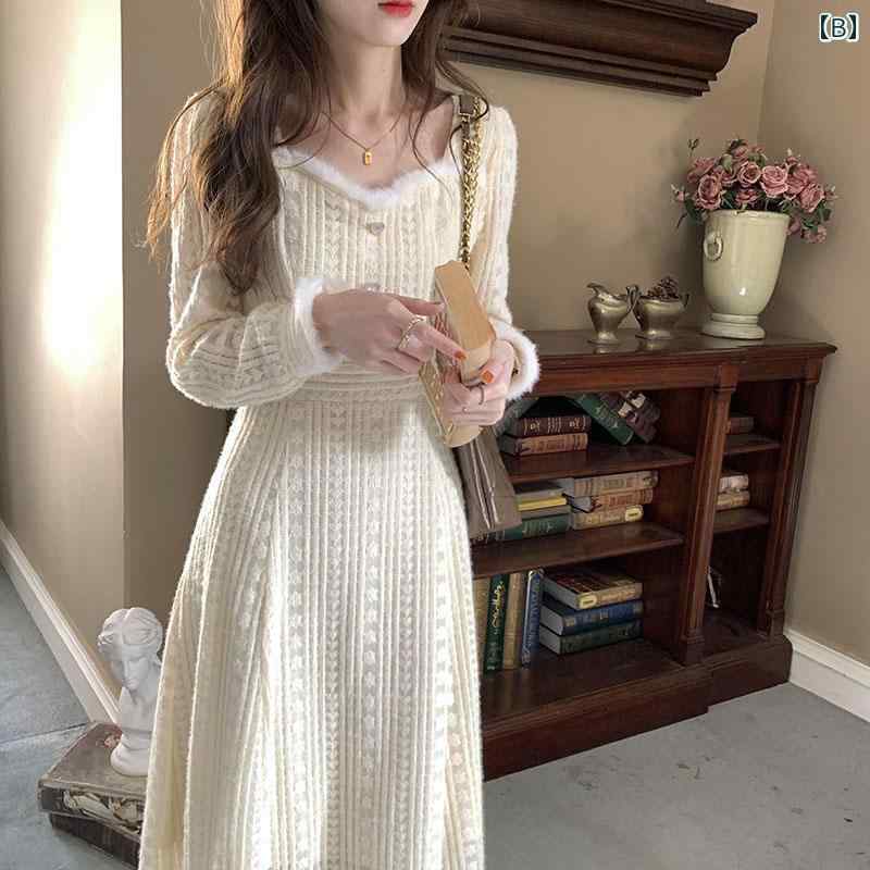 ワンピース レディース 大きいサイズ ゆったり 春秋 ファー レース Aライン Vネック ハイウエスト カジュアル 普段使い おしゃれ ミモレ丈 厚手