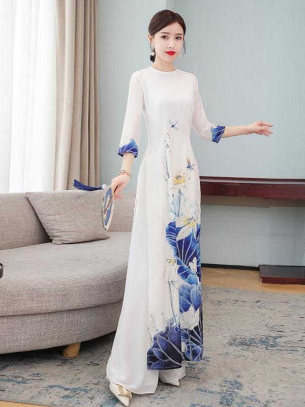 ベトナム 民族衣装 アオザイ チャイナ 伝統的 ズボン ツーピース パフォーマンス ロング丈 エレガント レディース 大きいサイズ 白 青 緑 春夏 七分袖