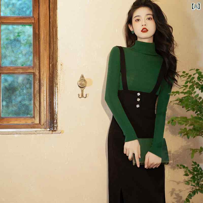 オーバーオール スカート ジャンパースカート レディース エレガント ツーピース 春 レトロ ニット ハイネック ジッパー ボタン 秋冬 スリット スタイルアップ 緑 赤 トップス 黒