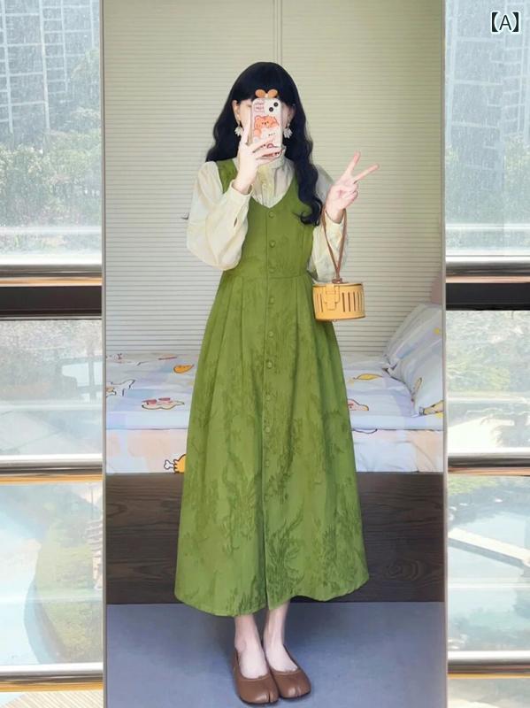 オーバーオール スカート ジャンパースカート レディース レトロ 緑 花柄 ノースリーブ ツーピース 春秋 ロング Aライン シングルブレスト ボタン ハイウエスト 黄ブラウス