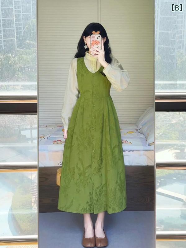 オーバーオール スカート ジャンパースカート レディース レトロ 緑 花柄 ノースリーブ ツーピース 春秋 ロング Aライン シングルブレスト ボタン ハイウエスト 黄ブラウス