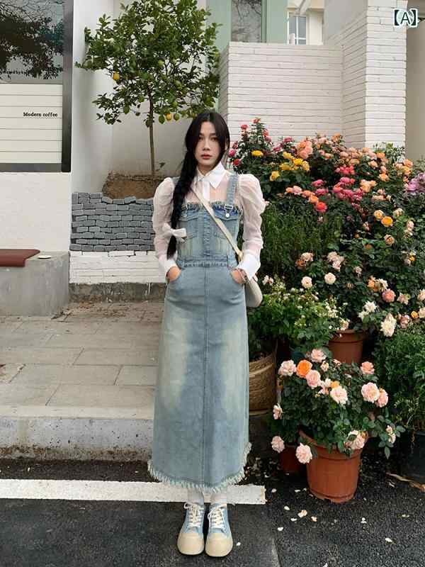 ジャンパースカート 大人 デニム オーバーオール レディース レトロ 春 多用途 ロング Aライン フリンジ ポケット 調節可能 カジュアル 無地 ハイウエスト スタイルアップ 青