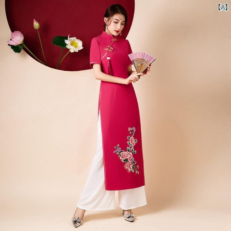 アオザイ パンツ レトロ チャイナドレス 中国風 パフォーマンス 衣装 ダンス 大きいサイズ エスニック ハイスリット 刺繍 エレガント スタイルアップ 上下セット ピンク 白