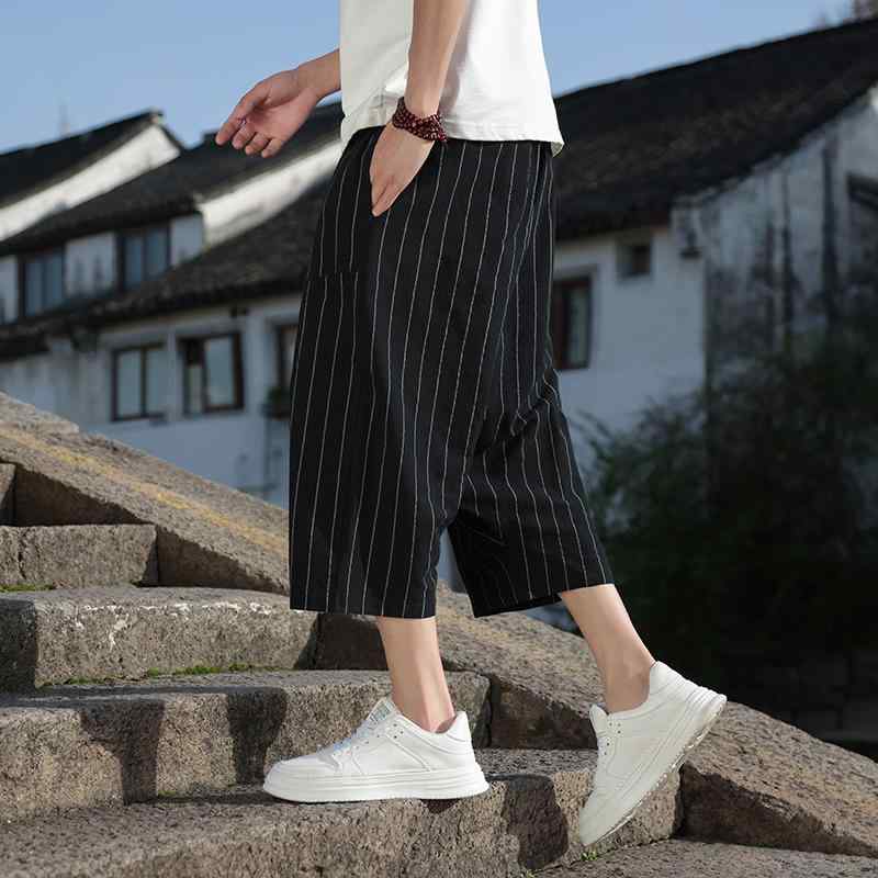 Rakuten - パンツ メンズ 七分丈 おしゃれ リネン ストライプ 夏 薄手 ゆったり ストレート カジュアル 綿 ワイドレッグ ポケット クロップド 大きいサイズ 伸縮性 黒 グレー カーキ