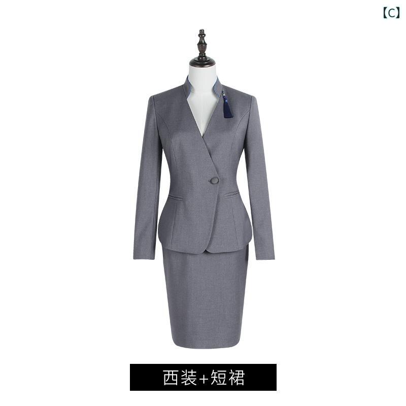 ホテル 制服 おしゃれ 秋 グレー 女性 フロント 営業 スーツ オフィス ビジネス シ...