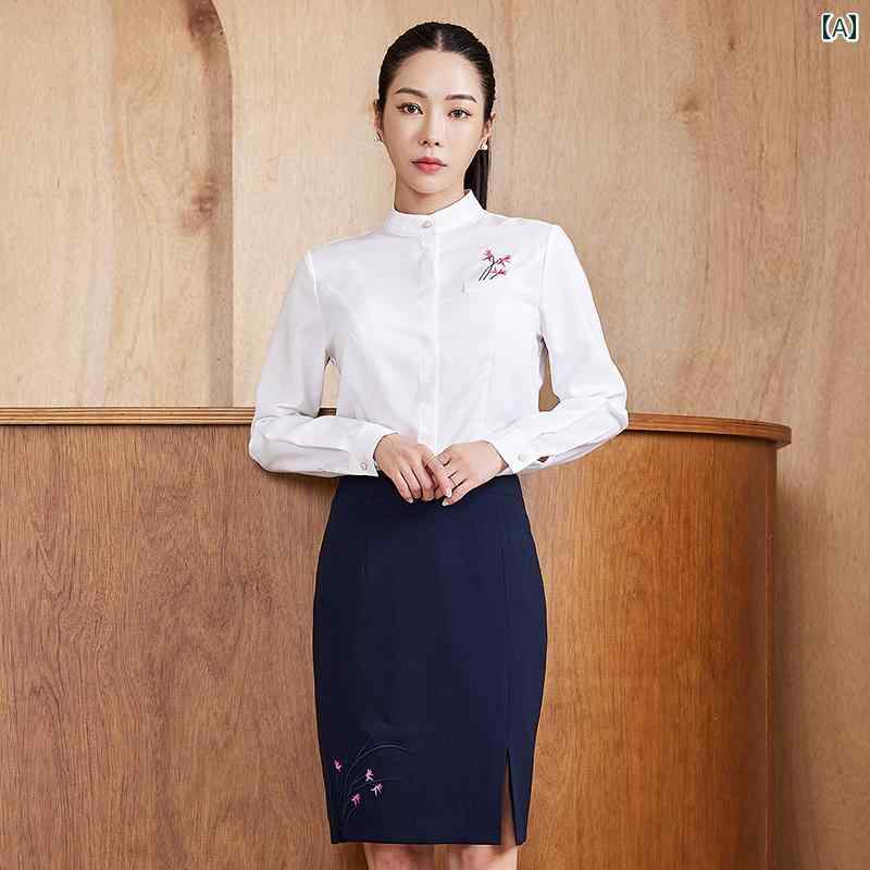エステ 制服 おしゃれ 春秋 ビジネス スーツ 女性 プリント シャツ スカート ホワイト 襟付き 美容 スリット