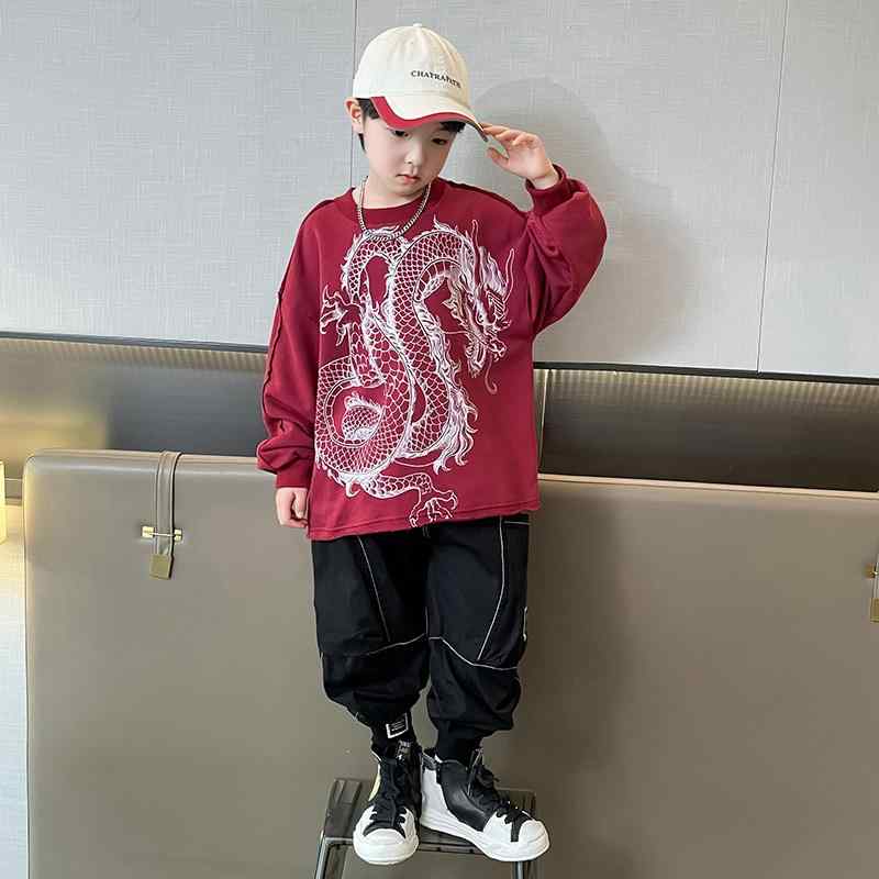 スウェット 上下 キッズ 春秋 男の子 トップス パンツ セット 長袖 プルオーバー ラウンドネック ポケット ドロップショルダー カジュアル かっこいい プリント ドラゴン 赤 アプリコット スポーツ 部屋着