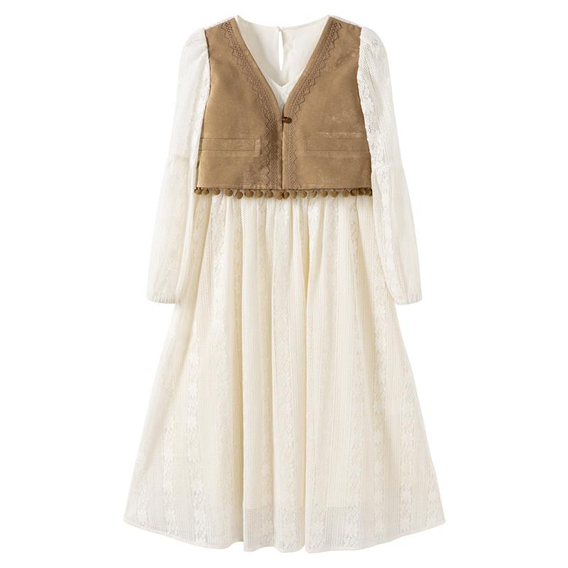 子供服 ワンピース 女の子 重ね着風 春秋 レース ロング 白 プリンセス Aライン ボヘミアン レイヤード おしゃれ アイボリー カジュアル 普段使い