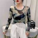 レディース トップス 長袖 夏 プルオーバー Tシャツ ラウンドネック メッシュ 薄手 日焼け防止 ゆったり 体型カバー おしゃれ 絞り染め プリント(4)