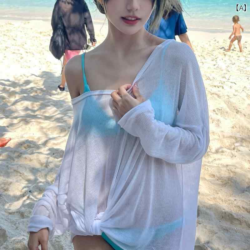 トップス ビーチ カバーアップ レディース 夏 透け感 長袖 ゆったり 水着 海 プール リゾート レジャー シンプル カジュアル セクシー 白 無地