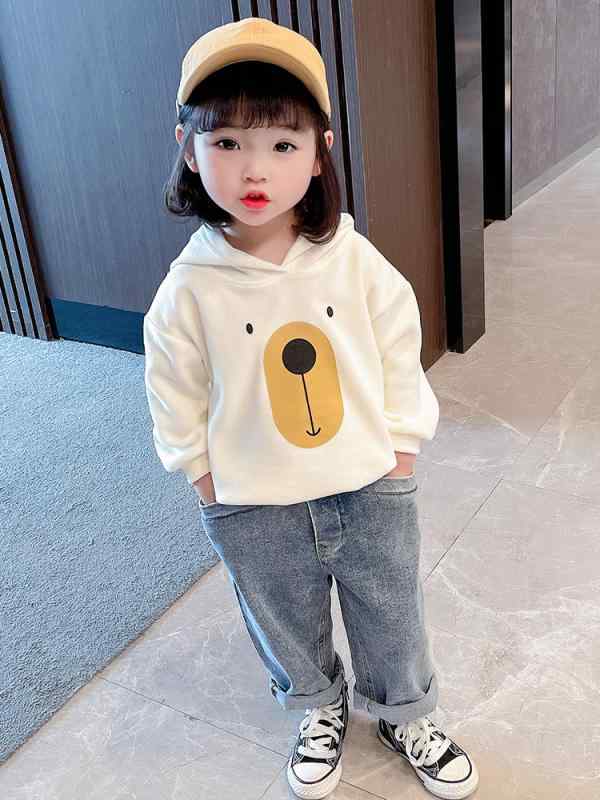 パーカー キッズ 女の子 男の子 子供 春秋 長袖 フード スウェット トレーナー カジュアル ポケット 通園 通学 お出かけ かわいい 裏起毛 暖かい シンプル 犬 くま 黄色 緑 白素材構成: コットン100