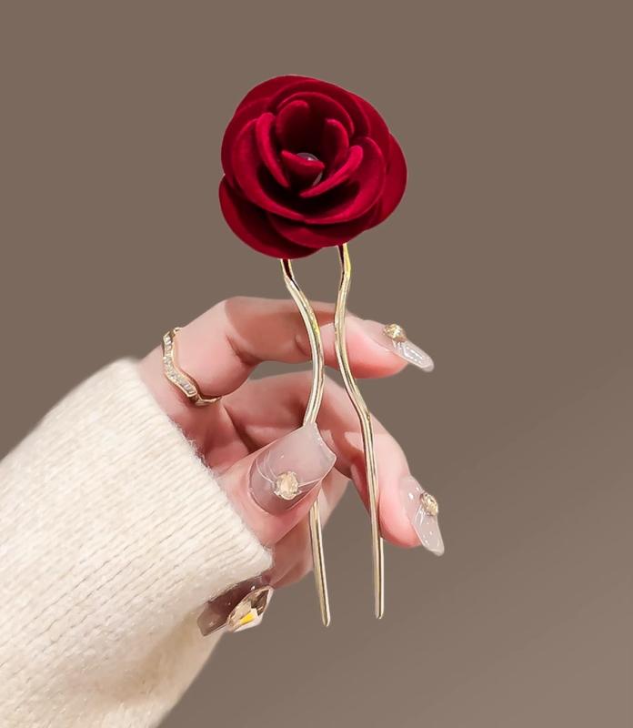 かんざし 洋服 おしゃれ 髪飾り ヘア アクセサリー 華やか 女性用の 赤 バラ ピン レトロ モダン U 字型 豪華感 ドレス 着物 装飾品