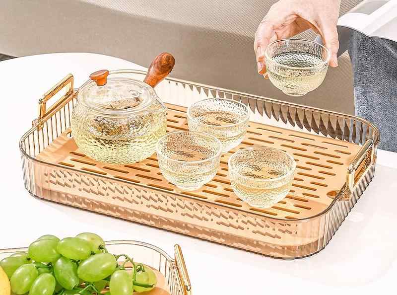 お盆トレー おしゃれ 来客 普段使い おもてなし おぼん 配膳 キッチン 雑貨 ダイニング フルーツ ケーキ ティーポット プレート 多用途 プラスチック 長方形 二層 お手入れ簡単