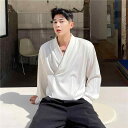 シャツ メンズ 長袖 春 秋 コットン 胸ポケット 無地 カジュアル トップス おしゃれ クール 黒 白 ドレープ セクシーVネック(4)