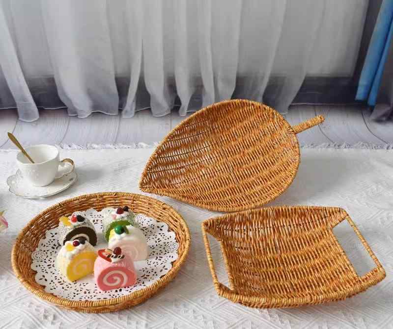 フルーツバスケット おしゃれ 模造 籐 収納 かご リビング キッチン 家庭用 雑貨 シンプル プレート トレー スナック パン 葉っぱ 丸