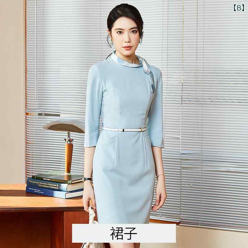 受付 制服 ワンピース レディース おしゃれ 女性 ミッド スリーブ ジュエリー 店舗...
