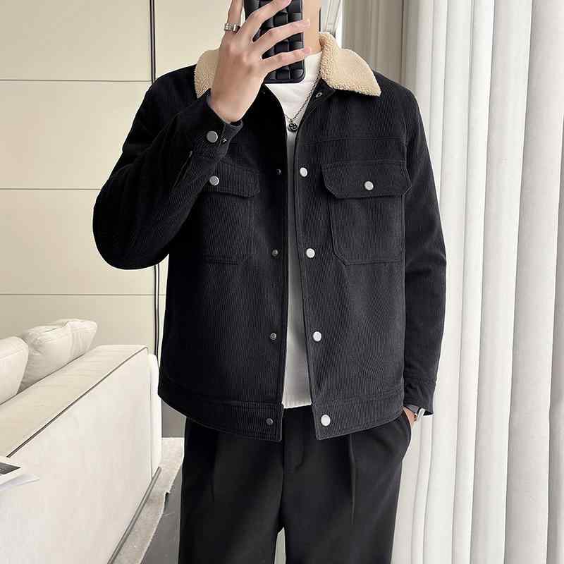 ジャケット メンズ 秋冬 アウター 韓国 コーデュロイ 長袖 襟 ボタン ポケット 裏ボア ショート丈 厚手 暖かい レトロ カジュアル おしゃれ 黒 大きいサイズ