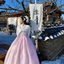 韓服 宮殿 ドレス 伝統的 レディース 韓国 民族 衣装 レトロ エスニック シンプル おしゃれ 白 ピンク ヘアバンド リボン 髪飾り スカート セット