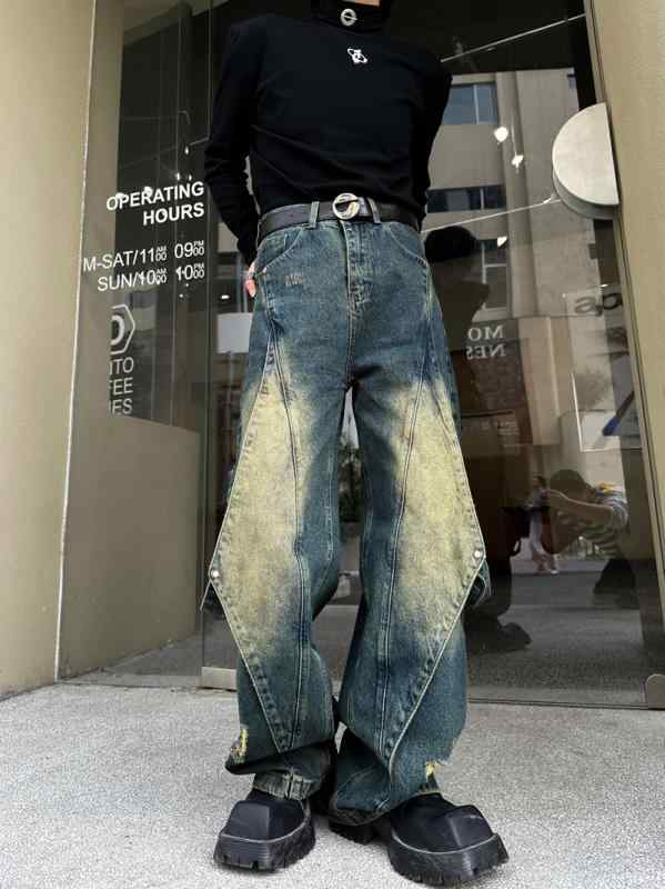 ワイドパンツ デニム メンズ おしゃれ レトロ ストレート レッグ ダメージ ウォッシュ 加工 ジーンズ ミディアムロー ウエスト ジップアップ 青 黒 ロング
