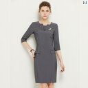 受付 制服 ワンピース レディース おしゃれ 女性用 秋 七分袖 豪華 お尻 ヒップカバー ジュエリー 店舗 営業 グレー スカート