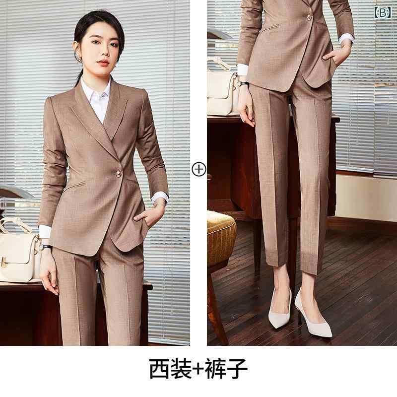 フロントップ楽天市場店のスーツ セットアップ レディース パンツ かっこいい おしゃれ 長袖 カーキ 女性 英国 フォーマル ビジネス マネージャー 宝石 店舗 美容院｜アングル2