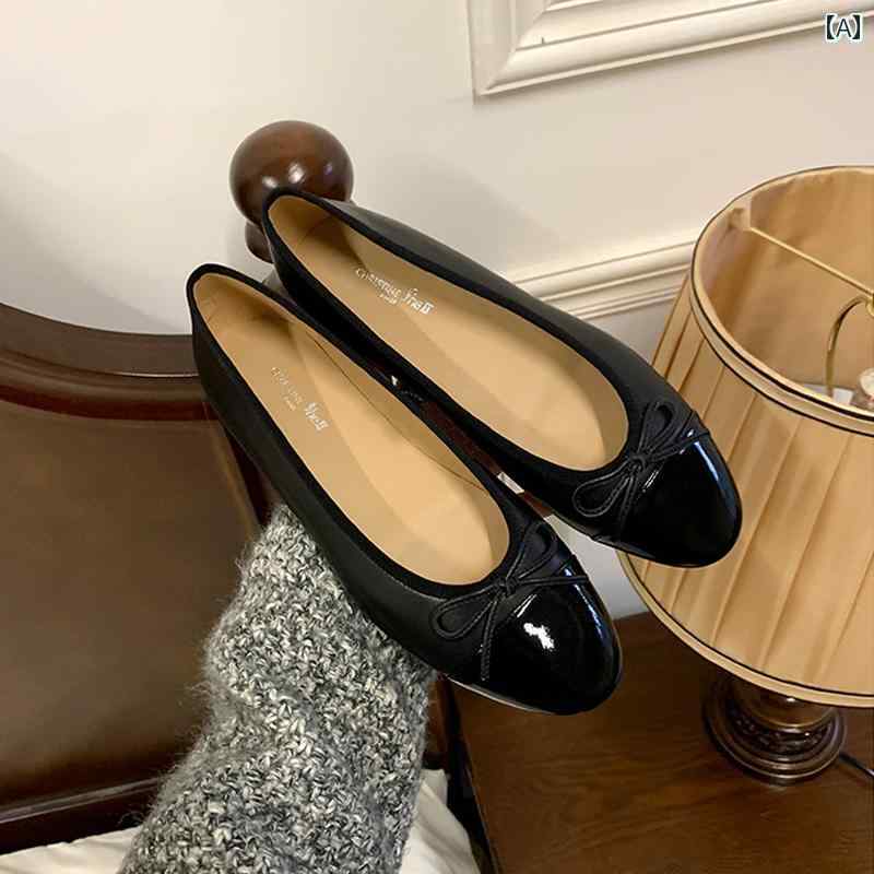 フラットシューズ 歩きやすい レディース リボン PU ラウンドトゥ 柔らかい ローヒール シンプル 無地 滑り止め 浅履き おしゃれ 普段使い 黒