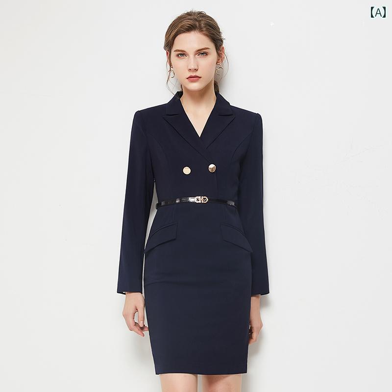 楽天フロントップ楽天市場店受付 制服 ワンピース レディース おしゃれ 長袖 スリム スタイルアップ レギュラー スカート OL フェイク スカート 営業 美容院
