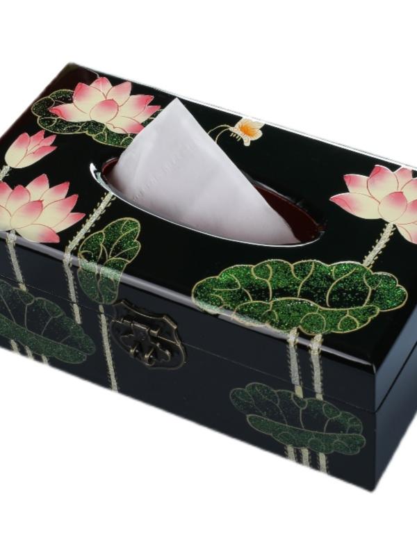 ティッシュケース 収納 おしゃれ 木製 中国風 レトロ 引き出し ベッドルーム ボックス 漆 ナプキン エスニック 蓮 チューリップ 牡丹 黒 赤