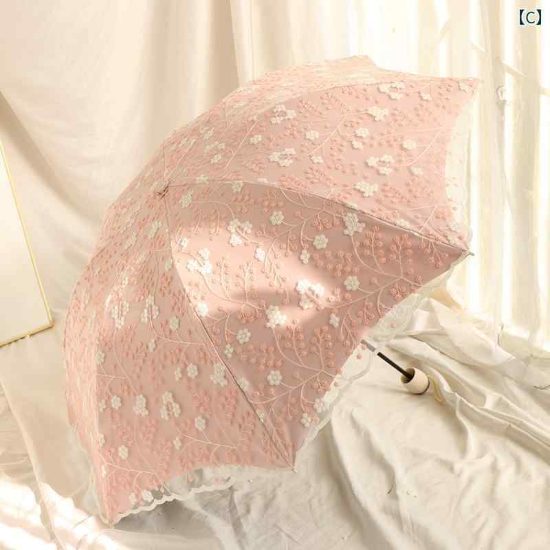 日傘 レディース傘 折りたたみ UVカット 紫外線対策 日焼け防止 遮熱 耐風 晴雨兼用 母の日 プレゼント 贈り物 刺繍入り レース 二層 収納袋付き 緑 青 ピンク 花柄