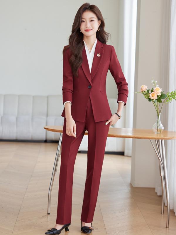 Pants Suit - セットアップ レディース テーラードジャケット スラックス ブラウス 秋冬 長袖 パンツスーツ ワインレッド 黒 白 通勤 事務服 フォーマル 高級感 きれいめ 無地 エレガント 40代 大きいサイズ