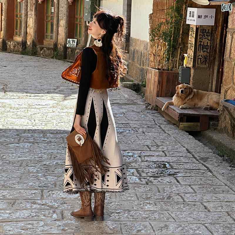 フロントップ楽天市場店のロングスカート 秋 おしゃれ レディース エスニック 民族風 Aライン 大人 きれいめ レトロ カジュアル フリーサイズ 体型カバー｜アングル3