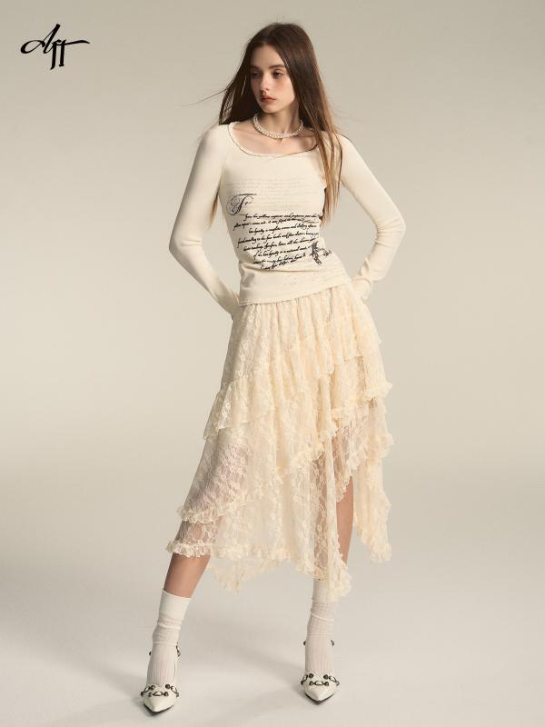 レース スカート レディース きれいめ Aライン ティアード イレギュラー ヘム フレア ロング丈 細身え 着痩せ ひらひら ふんわり 春 裏地 透け感 メッシュ シアー ハイウエスト フリル アシンメトリー ボトムス フェミニン ガーリー ベージュ