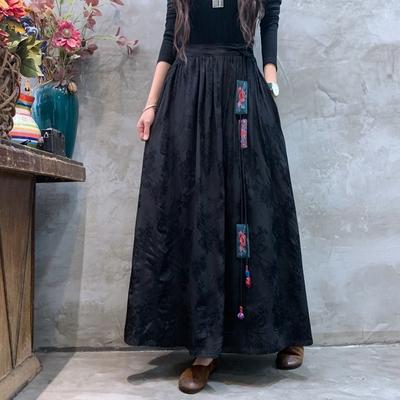 ロングスカート 黒 春秋 ウエストゴム Aライン 刺繍 ポケット ジャカード タッセル 麻 レトロ エスニック カジュアル おしゃれ フリーサイズ ロングスカート 黒 春秋 ウエストゴム Aライン 刺繍 ポケット ジャカード タッセル 麻 レトロ エスニック カジュアル おしゃれ フリーサイズ