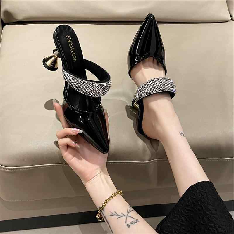 ストラップ付き パンプス 韓国 レディース サンダル ミュール 大人 オフィス 夏 ポインテッドトゥ ハイヒール ラインストーン PU 黒 緑 ベージュ おしゃれ