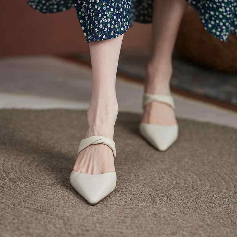 ストラップ付き パンプス ミュール 大人 オフィス サンダル レディース 太ヒール ポインテッドトゥ 疲れにくい フルレザー アイボリー 黒 茶 シンプル おしゃれ