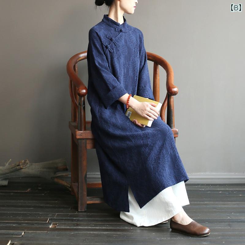 エスニック ワンピース レディース 民族服 チャイナ風 春秋 大きいサイズ ゆったり 長袖 コットン リネン シンプル 赤 ネイビー 茶
