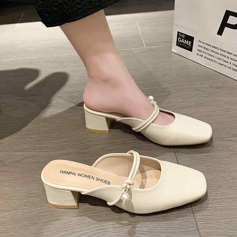 ストラップ付き パンプス 韓国 サンダル ミュール 大人 オフィス レディース 夏 レトロ 太ヒール ミドル PU アイボリー アプリコット シンプル おしゃれ