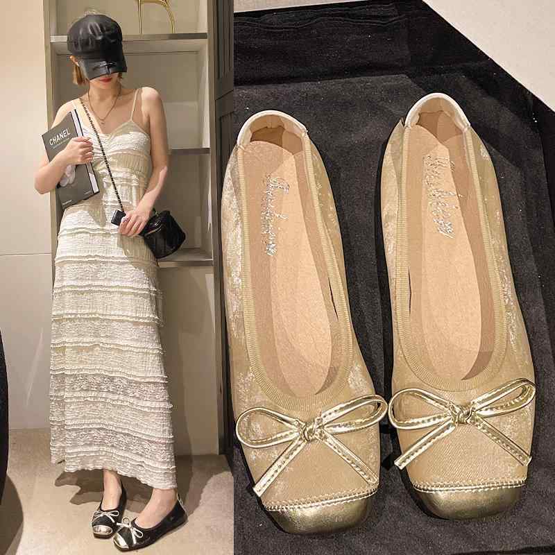 フラットシューズ リボン レディース レトロ 浅履き 柔らかい ローヒール 歩きやすい 大きいサイズ 韓国 おしゃれ スクエアトゥ 滑り止め 黒 アプリコット 緑