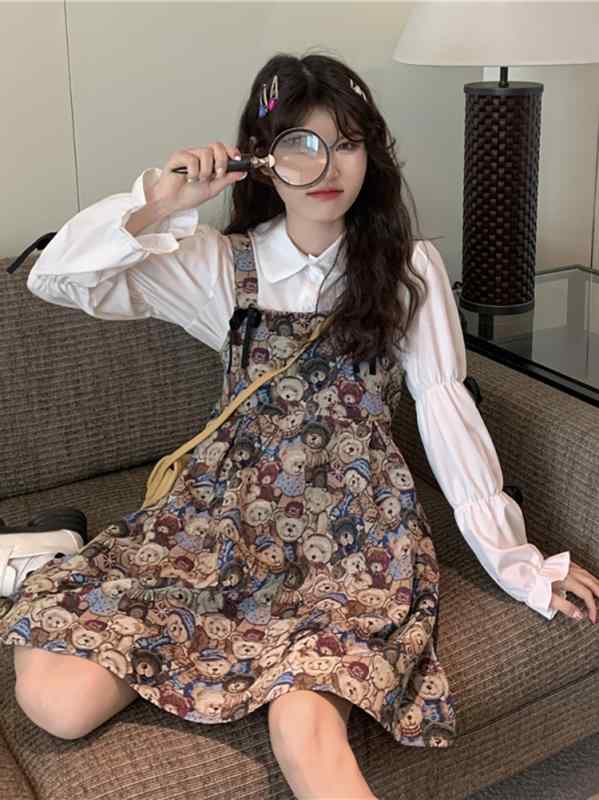 ジャンパースカート 大人 レディース レトロ ベア クマ 個性的 秋 デザイン Aライン ミニ ハイウエスト 細見え ブラック ホワイト 長袖 シャツ 2点 セ...