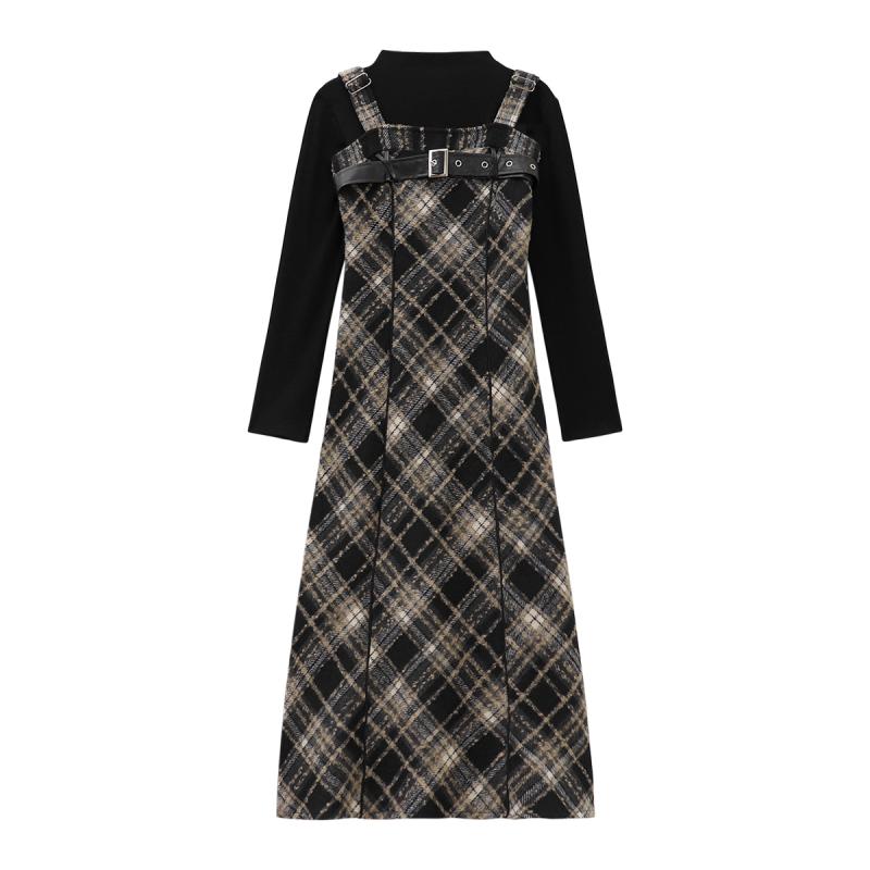 ジャンパースカート 大人 レディース チェック スクエアネック ハイウエスト ミモレ丈 Aライン ベルト ワンピース 秋冬 レトロ 起毛 細見え ブラック インナー