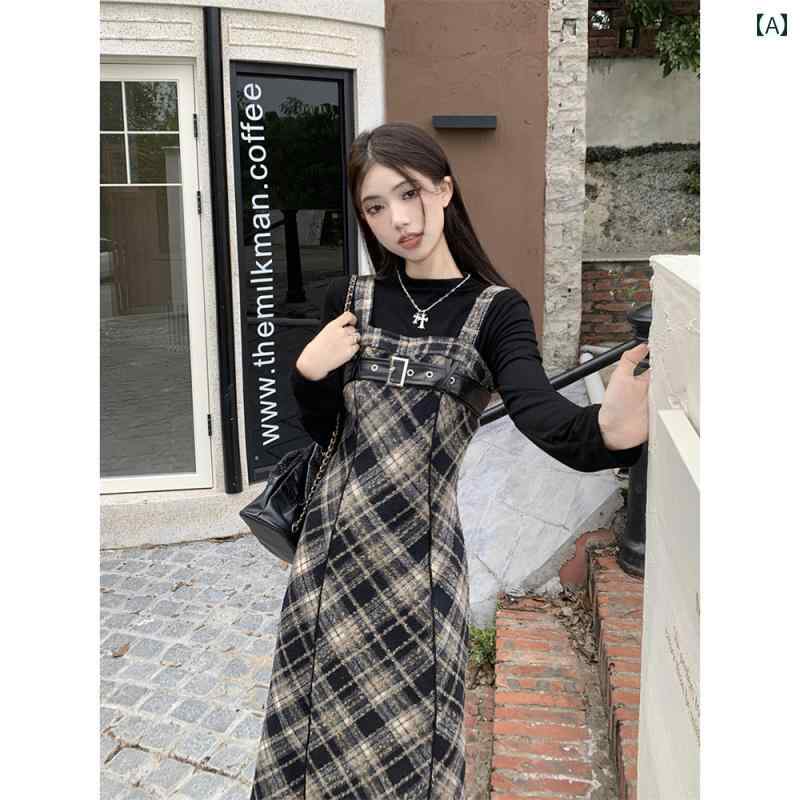 ジャンパースカート 大人 レディース チェック スクエアネック ハイウエスト ミモレ丈 Aライン ベルト ワンピース 秋冬 レトロ 起毛 細見え ブラック インナー